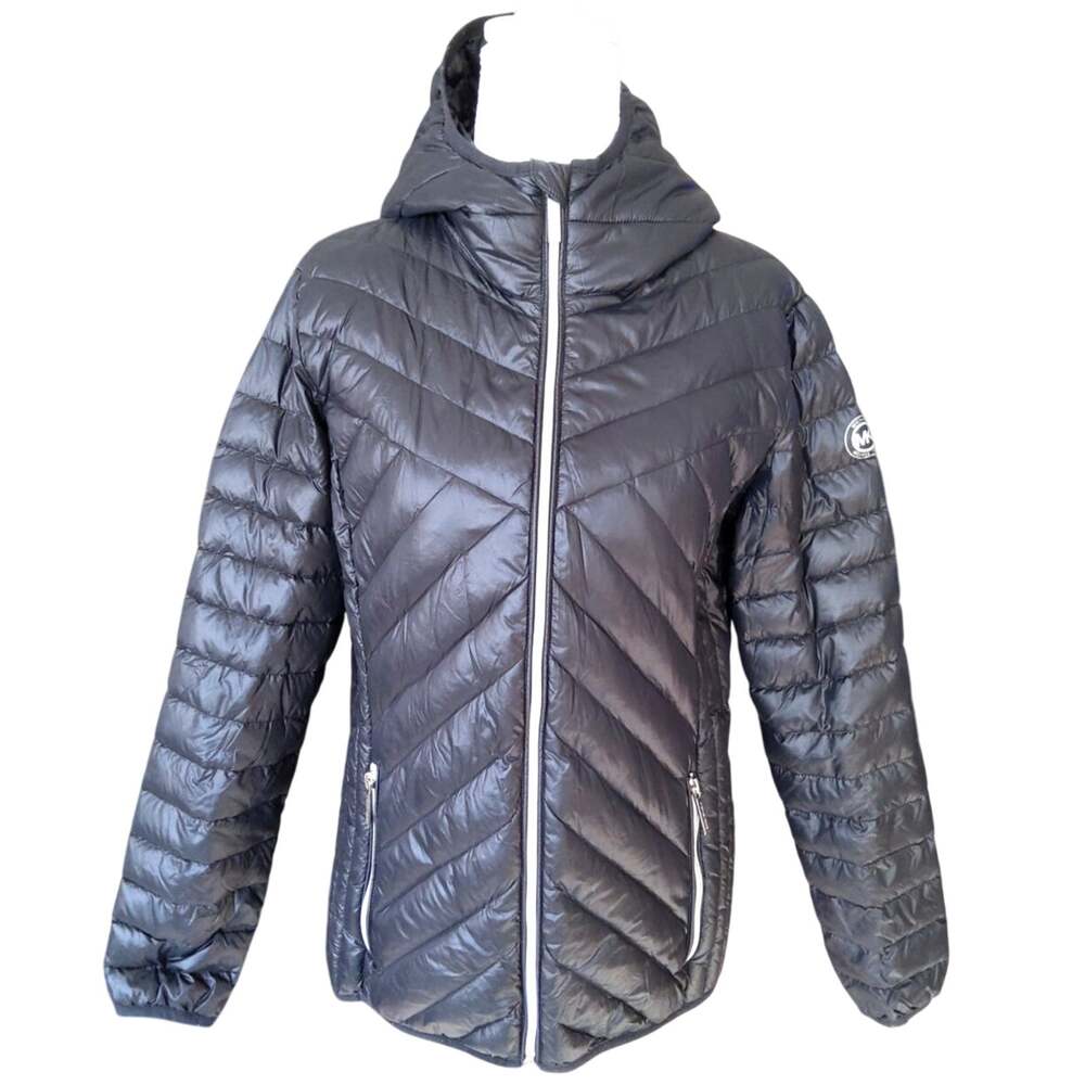 Michael Kors Black packable puffer quilted down coat zip up size womens M preppy